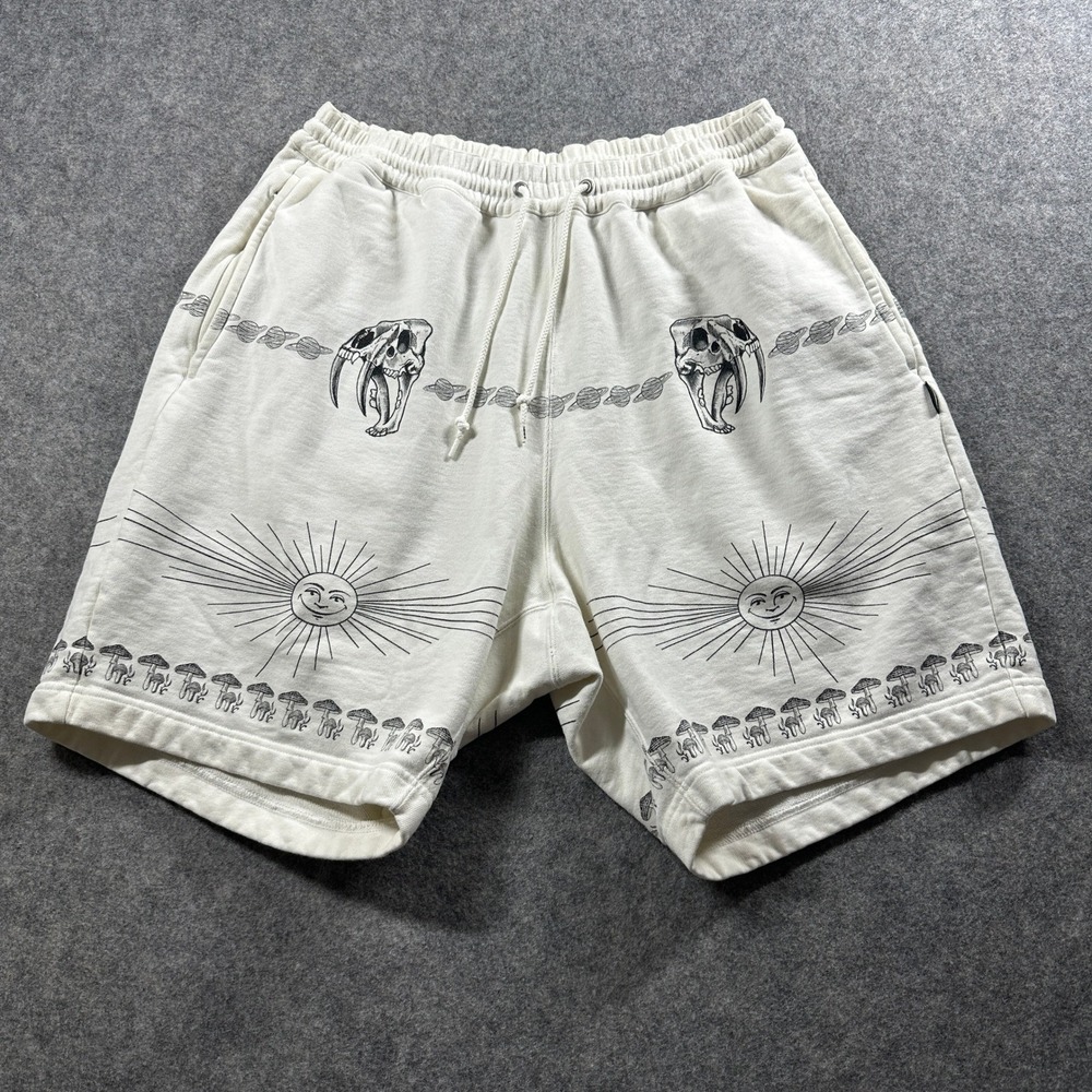 Neighborhood Dr. Woo Sweat Shorts Mens Size 3 Cream Tattoo Graphic Skull Sun